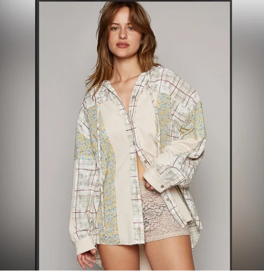 POL Flowy Oversized Hooded Top Floral Patchwork M Green Button Shirt