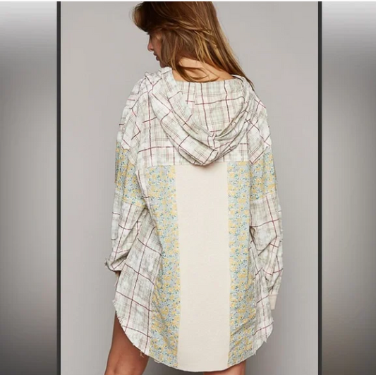 POL Flowy Oversized Hooded Top Floral Patchwork M Green Button Shirt