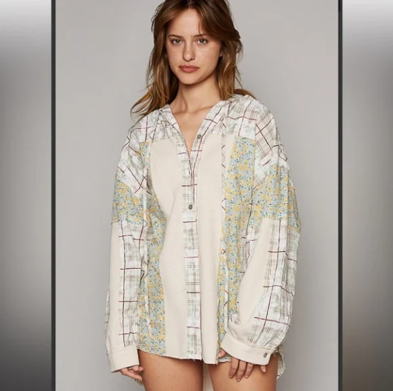 POL Flowy Oversized Hooded Top Floral Patchwork M Green Button Shirt
