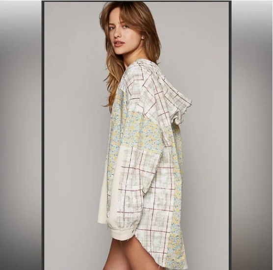 POL Flowy Oversized Hooded Top Floral Patchwork M Green Button Shirt