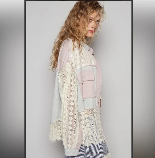 POL Oversized Gray/Lilac Crochet Mixed Fabric Shacket Jacket