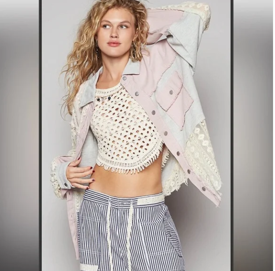 POL Oversized Gray/Lilac Crochet Mixed Fabric Shacket Jacket