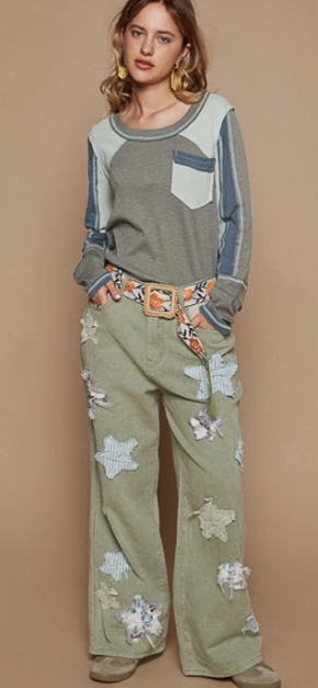 POL Star Print Olive Green Star Patchwork Jeans Straight Leg Pants