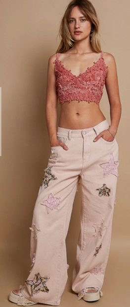 POL Star Print Pale Mauve Star Patchwork Jeans Straight Leg Pants