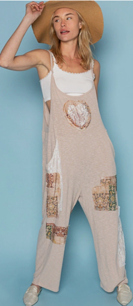 POL Almond Cream Patchwork Casual Ribbed Harem Overalls Boho Jumpsuit