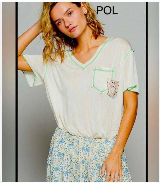 POL Cream Relaxed Short Sleeve Tee Exposed Stitching Floral Detail T-Shirt