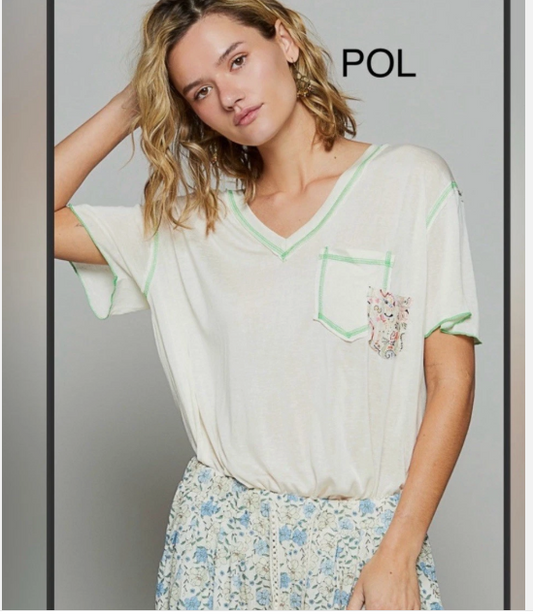 POL Cream Relaxed Short Sleeve Tee Exposed Stitching Floral Detail T-Shirt