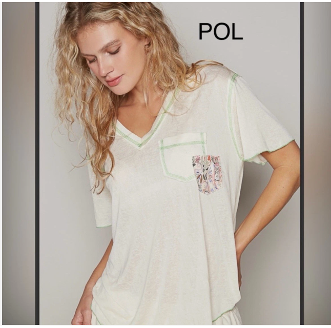 POL Cream Relaxed Short Sleeve Tee Exposed Stitching Floral Detail T-Shirt