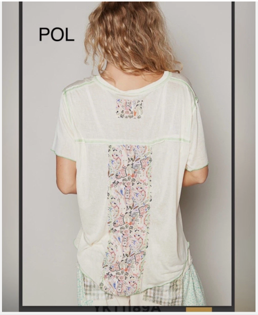 POL Cream Relaxed Short Sleeve Tee Exposed Stitching Floral Detail T-Shirt
