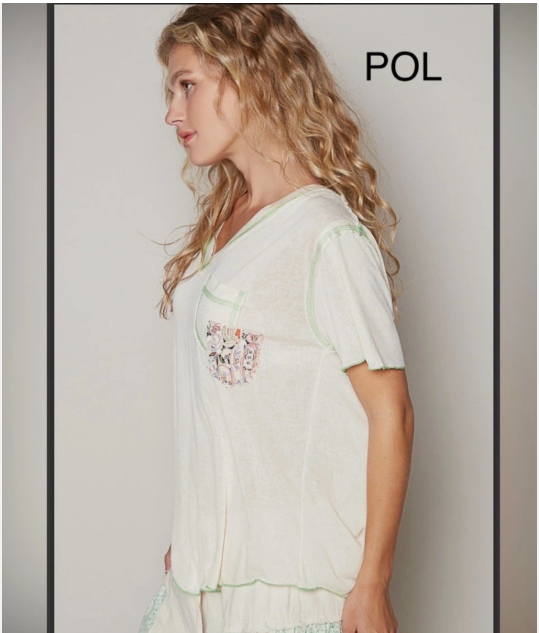 POL Cream Relaxed Short Sleeve Tee Exposed Stitching Floral Detail T-Shirt