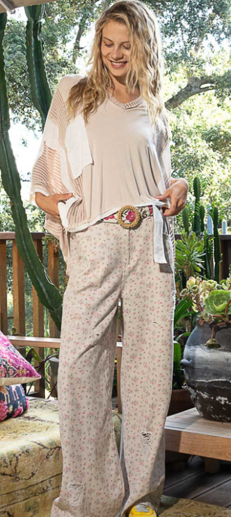 POL High Low Contrast V Neck Oatmeal & White Oversized Top