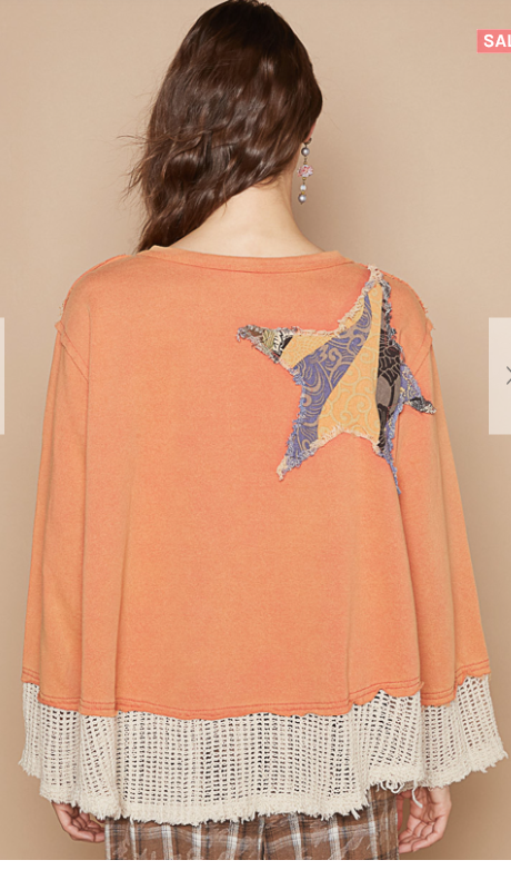 POL Patchwork Star Contrast Papaya Oversized Top