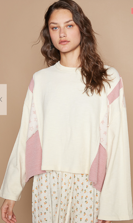 POL Patchwork Star Contrast Pink & Cream Oversized Top