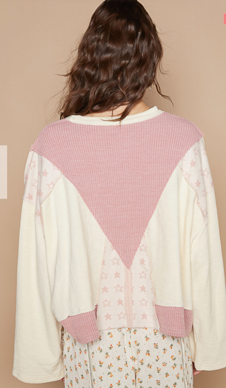 POL Patchwork Star Contrast Pink & Cream Oversized Top