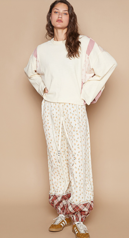 POL Patchwork Star Contrast Pink & Cream Oversized Top