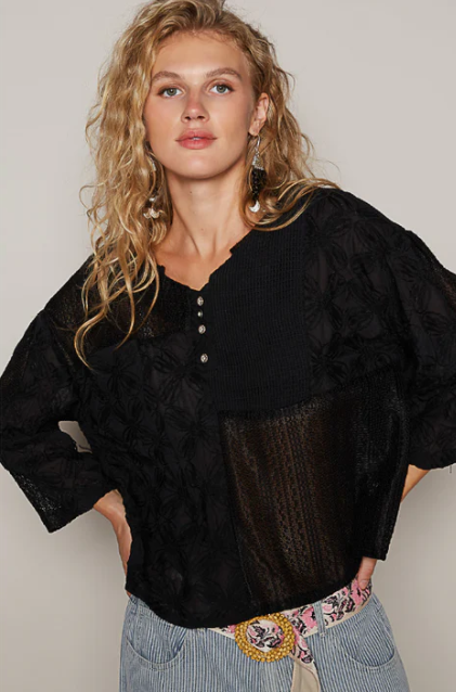 POL Black V-Neck Crochet and Semi-Sheer Lace Long Sleeve Top
