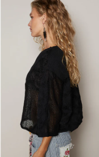 POL Black V-Neck Crochet and Semi-Sheer Lace Long Sleeve Top