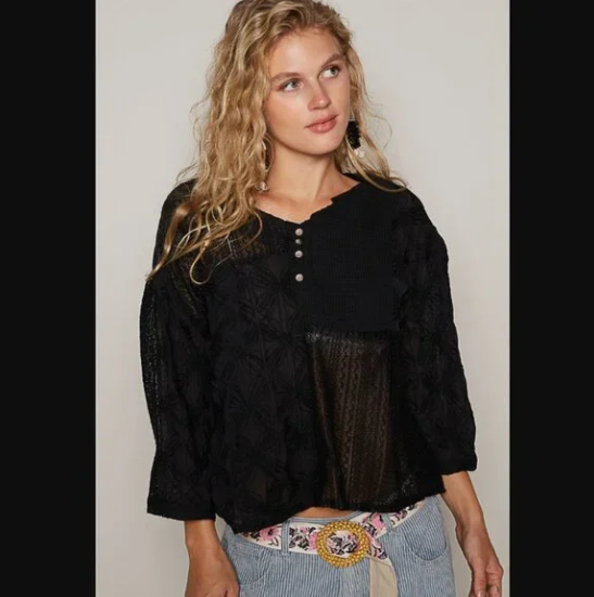 POL Black V-Neck Crochet and Semi-Sheer Lace Long Sleeve Top
