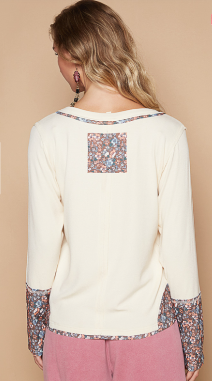 POL Patchwork Cream Floral Long Sleeve Oversized 89 Top