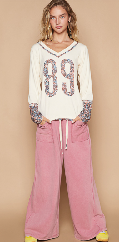 POL Patchwork Cream Floral Long Sleeve Oversized 89 Top
