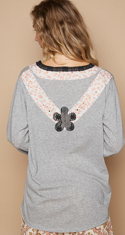 POL Patchwork Flower Gray Long Sleeve Oversized Top