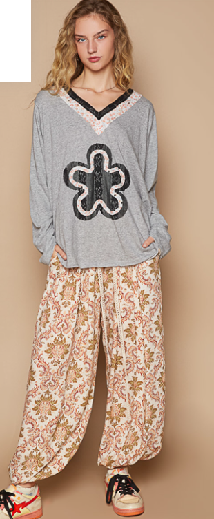 POL Patchwork Flower Gray Long Sleeve Oversized Top