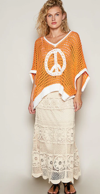POL Open Crochet Orange Oversized Peace Sign Sweater