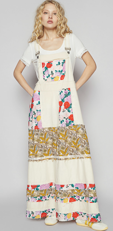 POL Overall Style Mixed Print Patchwork Oatmilk Maxi Dress Size