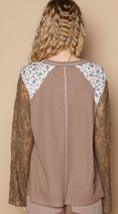 POL Patchwork Flower & Lace Brown Long Sleeve Oversized Top