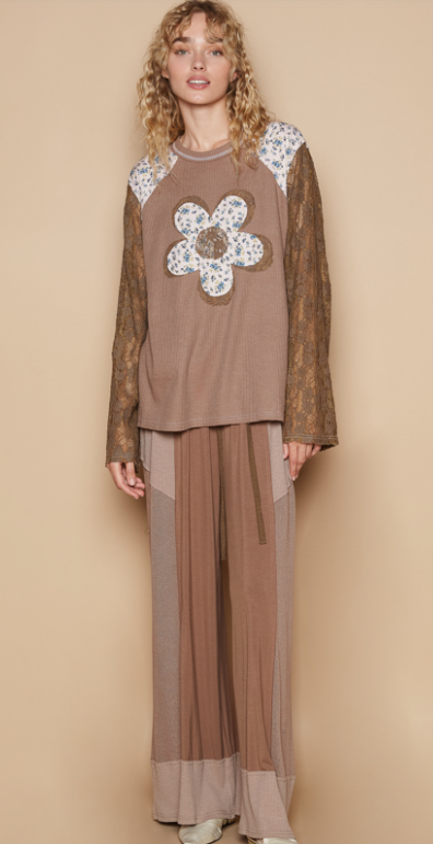 POL Patchwork Flower & Lace Brown Long Sleeve Oversized Top