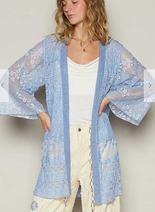 POL Duster Cardigan Women Size Blue Lace Cover Up Floral Crochet Kimono