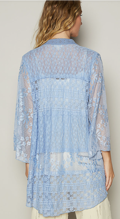 POL Duster Cardigan Women Size Blue Lace Cover Up Floral Crochet Kimono