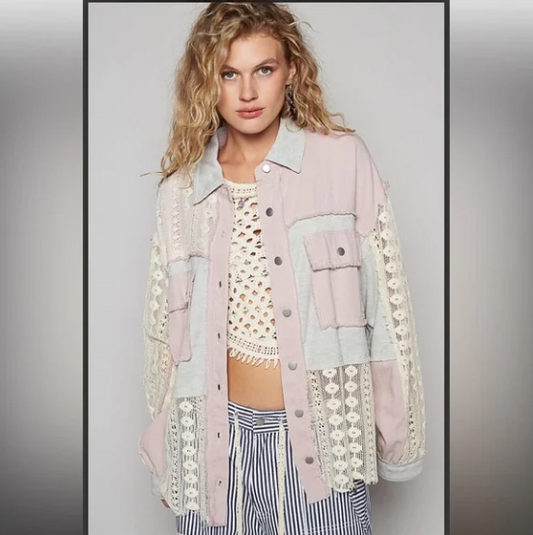 POL Oversized Gray/Lilac Crochet Mixed Fabric Shacket Jacket