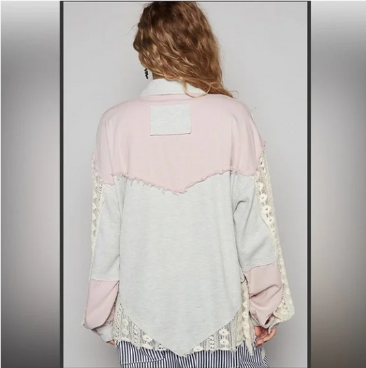 POL Oversized Gray/Lilac Crochet Mixed Fabric Shacket Jacket