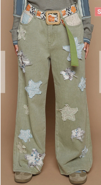 POL Star Print Olive Green Star Patchwork Jeans Straight Leg Pants