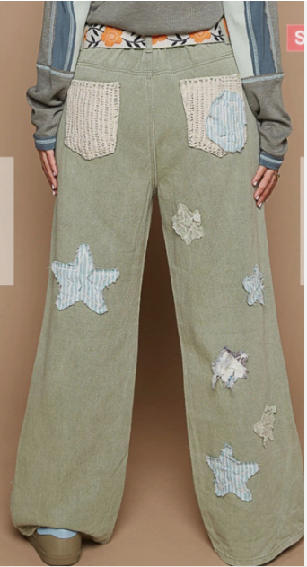 POL Star Print Olive Green Star Patchwork Jeans Straight Leg Pants