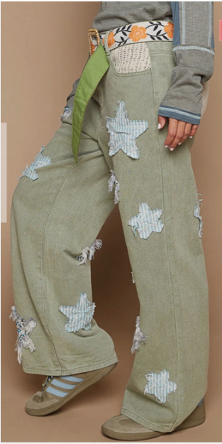 POL Star Print Olive Green Star Patchwork Jeans Straight Leg Pants