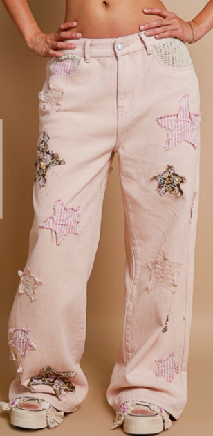 POL Star Print Pale Mauve Star Patchwork Jeans Straight Leg Pants