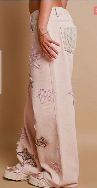 POL Star Print Pale Mauve Star Patchwork Jeans Straight Leg Pants