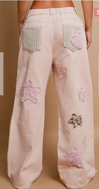 POL Star Print Pale Mauve Star Patchwork Jeans Straight Leg Pants