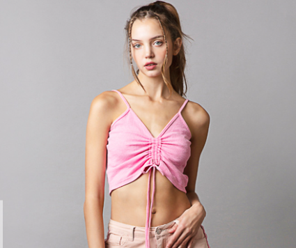 POL Pink Cinch Front Ribbed Crop Tank Top