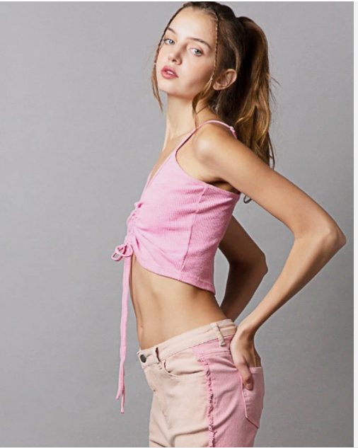 POL Pink Cinch Front Ribbed Crop Tank Top