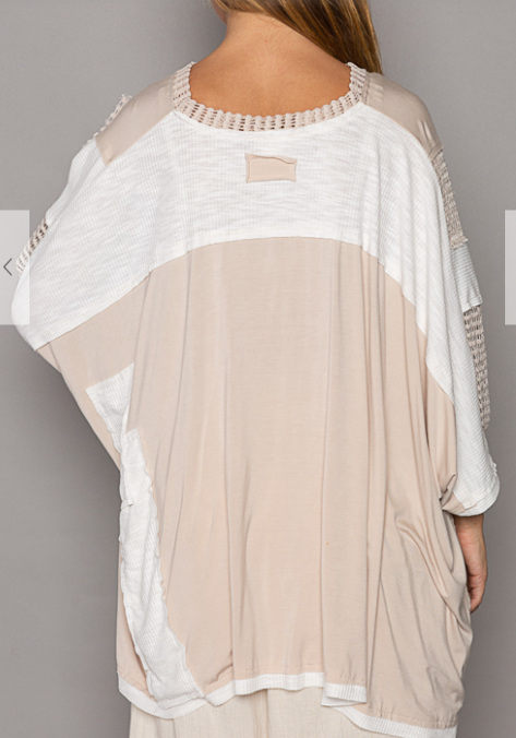 POL High Low Contrast V Neck Oatmeal & White Oversized Top