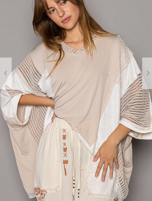 POL High Low Contrast V Neck Oatmeal & White Oversized Top