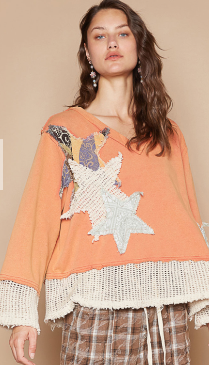 POL Patchwork Star Contrast Papaya Oversized Top