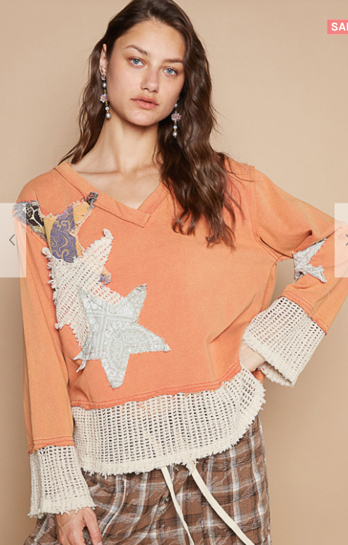 POL Patchwork Star Contrast Papaya Oversized Top