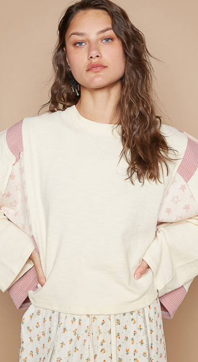 POL Patchwork Star Contrast Pink & Cream Oversized Top
