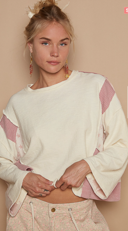 POL Patchwork Star Contrast Pink & Cream Oversized Top