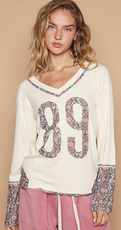 POL Patchwork Cream Floral Long Sleeve Oversized 89 Top