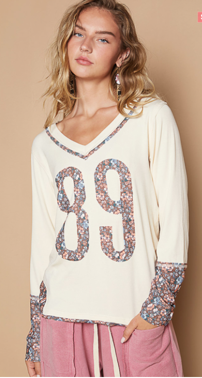 POL Patchwork Cream Floral Long Sleeve Oversized 89 Top